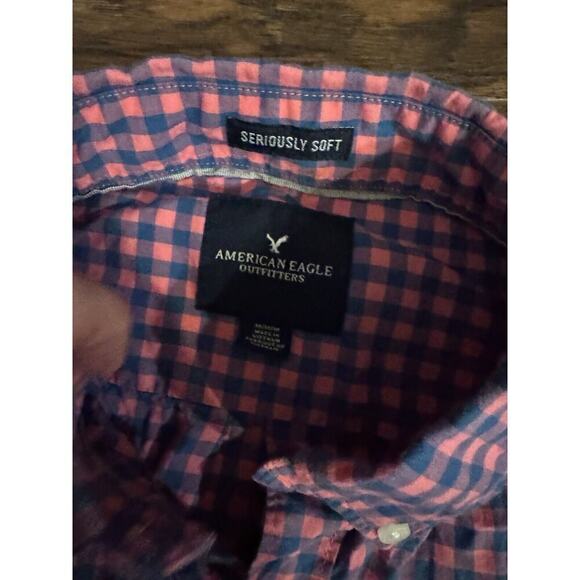 American Eagle Super Soft Button Down Flannel Shirt Mens Pink Blue Plaid Medium - Picture 2 of 5